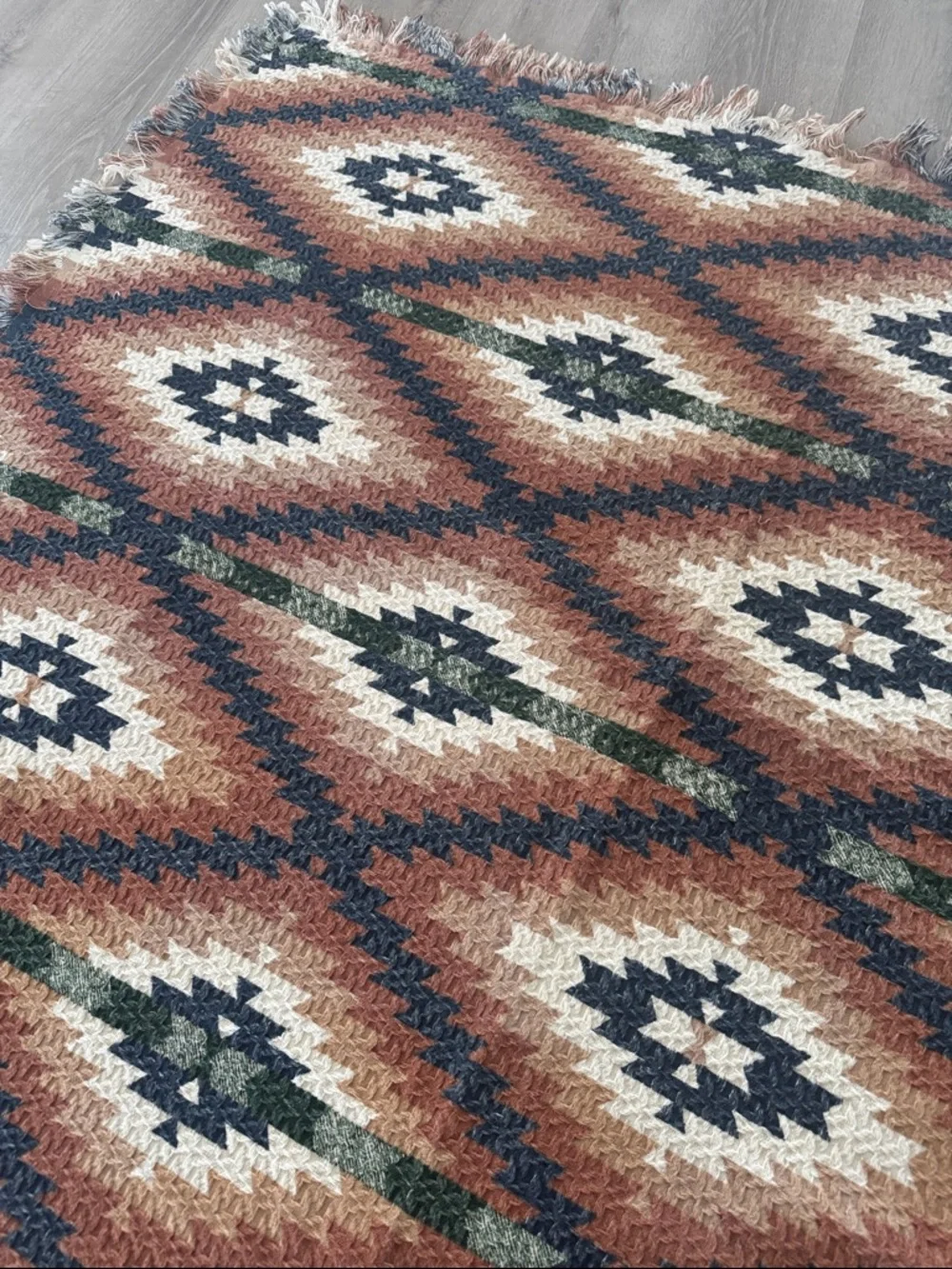 Aztec Geometric pattern woven Throw Blanket Tan Navy Rust Cotton 52x64 NEW